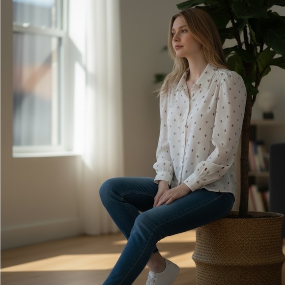 Ann Taylor Ivory Blouse with Deep Orange Bee Print Pattern - Picture 4 of 7